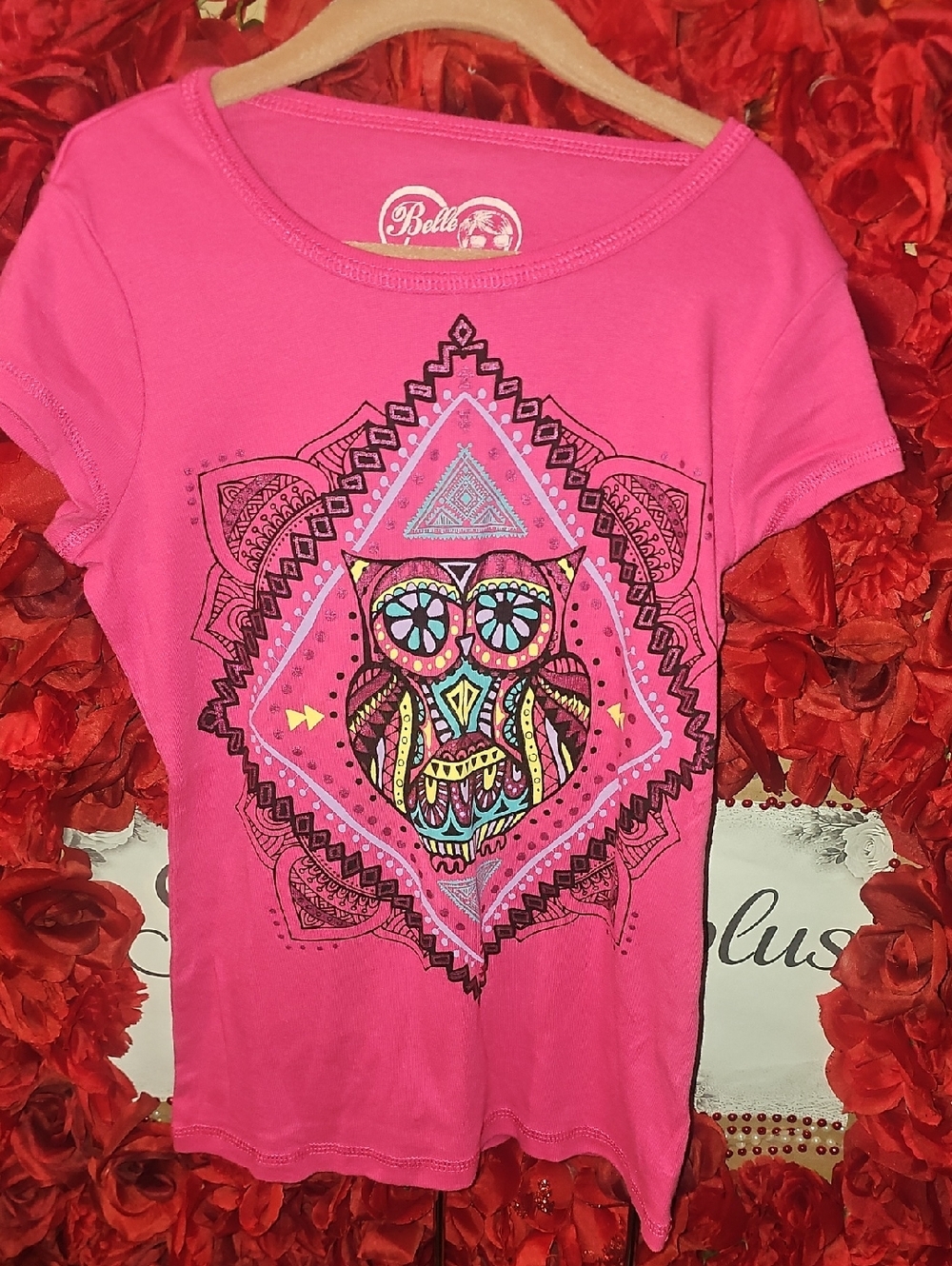 Belle Du Jour Girls Pink Short-Sleeve Tee with Colorful Owl Graphic Size Medium